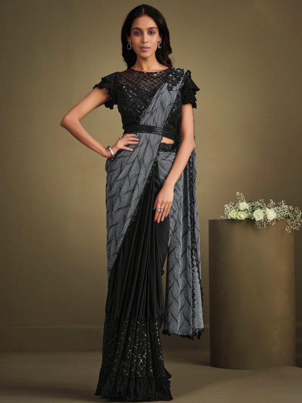 Elegant Black Crystal Silk Sequins Readymade Saree